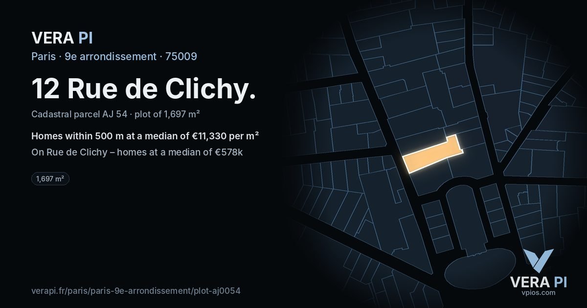 12 Rue de Clichy, 9e arrondissement at night – the plot lit, the parcels around coloured by the prices near them