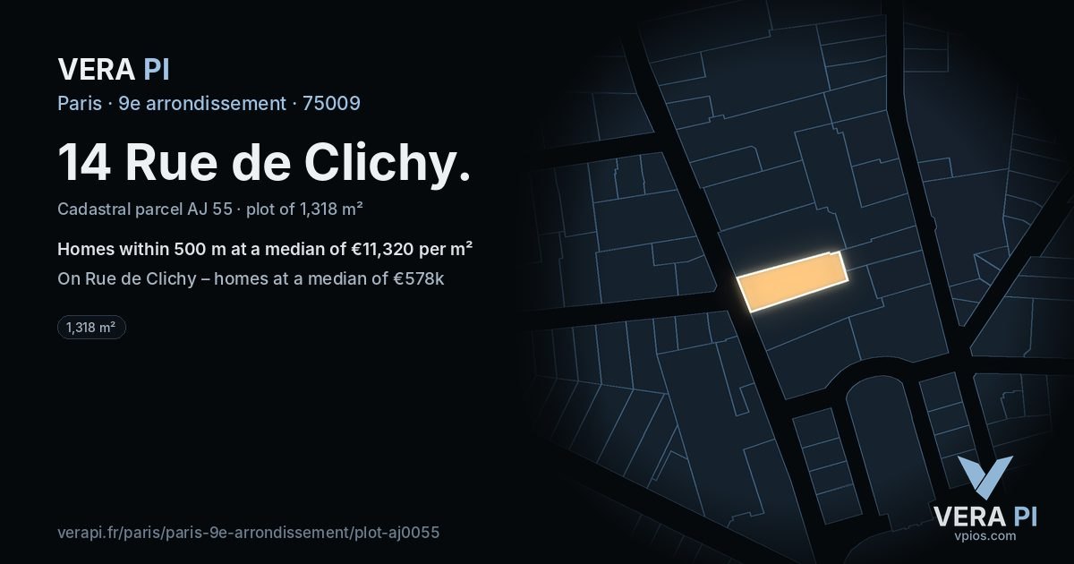 14 Rue de Clichy, 9e arrondissement at night – the plot lit, the parcels around coloured by the prices near them