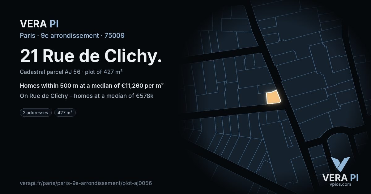 21 Rue de Clichy, 9e arrondissement at night – the plot lit, the parcels around coloured by the prices near them