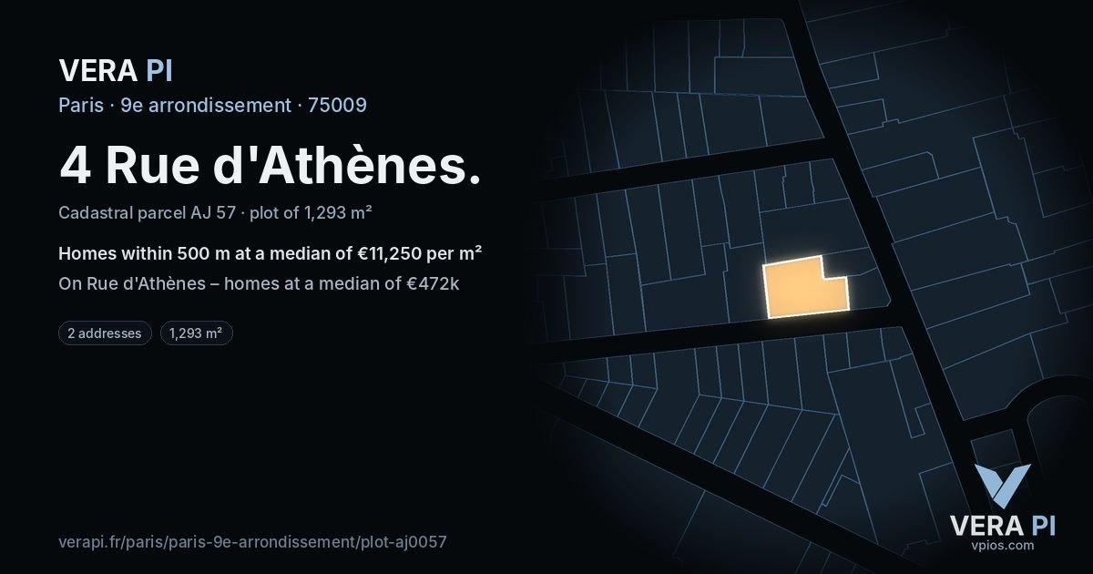 4 Rue d'Athènes, 9e arrondissement at night – the plot lit, the parcels around coloured by the prices near them