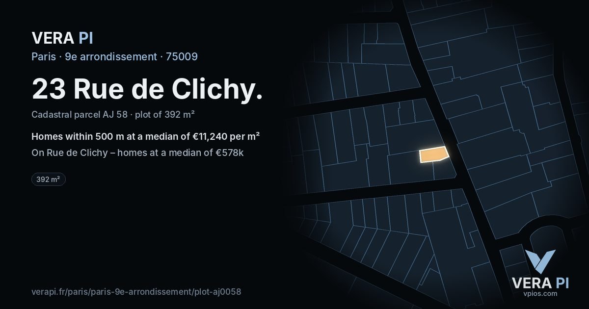 23 Rue de Clichy, 9e arrondissement at night – the plot lit, the parcels around coloured by the prices near them