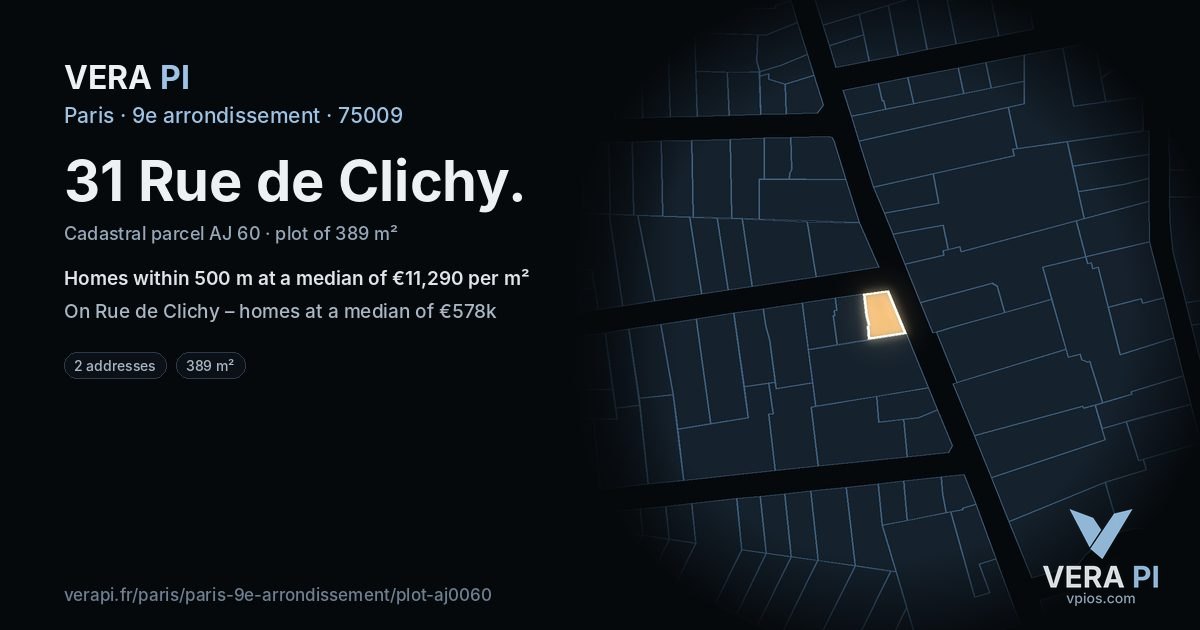 31 Rue de Clichy, 9e arrondissement at night – the plot lit, the parcels around coloured by the prices near them