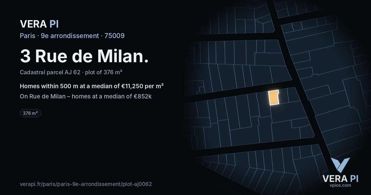 3 Rue de Milan, 9e arrondissement at night – the plot lit, the parcels around coloured by the prices near them