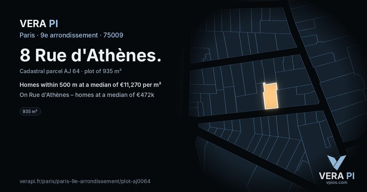 8 Rue d'Athènes, 9e arrondissement at night – the plot lit, the parcels around coloured by the prices near them