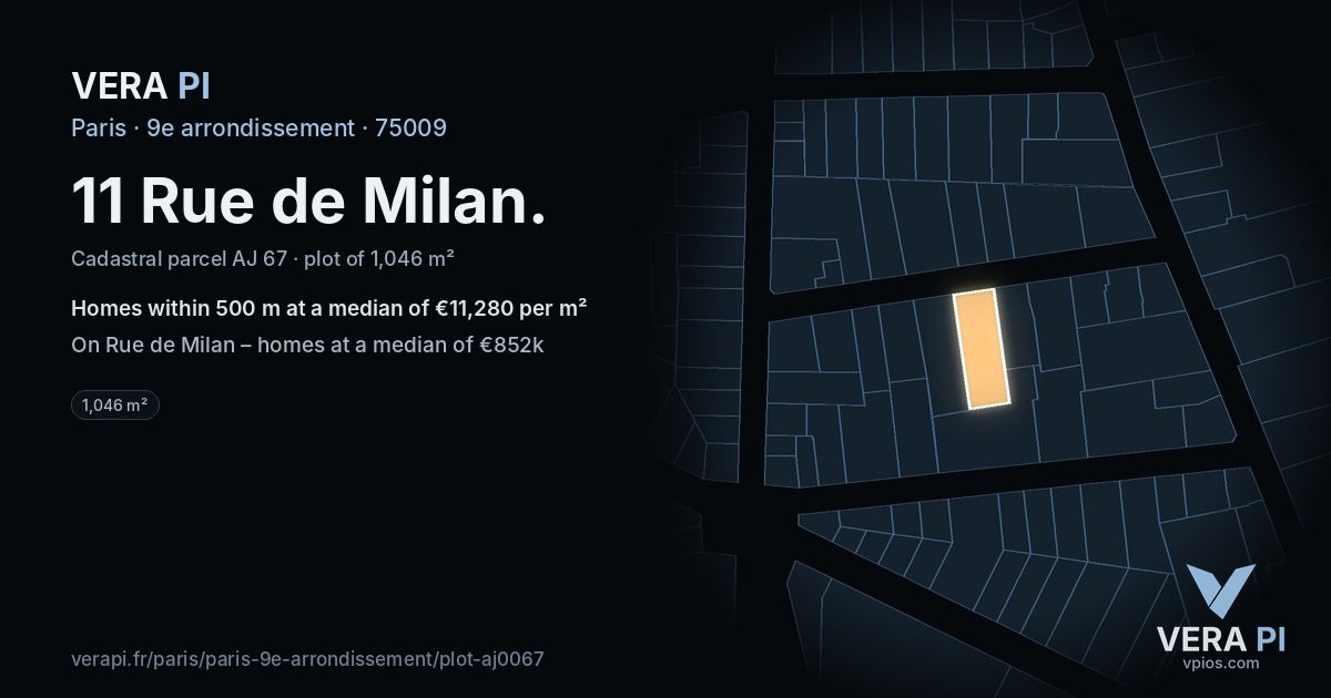 11 Rue de Milan, 9e arrondissement at night – the plot lit, the parcels around coloured by the prices near them