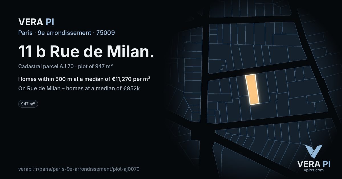 11 b Rue de Milan, 9e arrondissement at night – the plot lit, the parcels around coloured by the prices near them