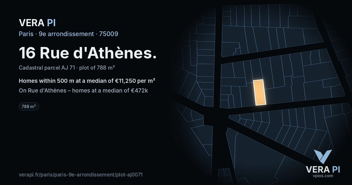 16 Rue d'Athènes, 9e arrondissement at night – the plot lit, the parcels around coloured by the prices near them