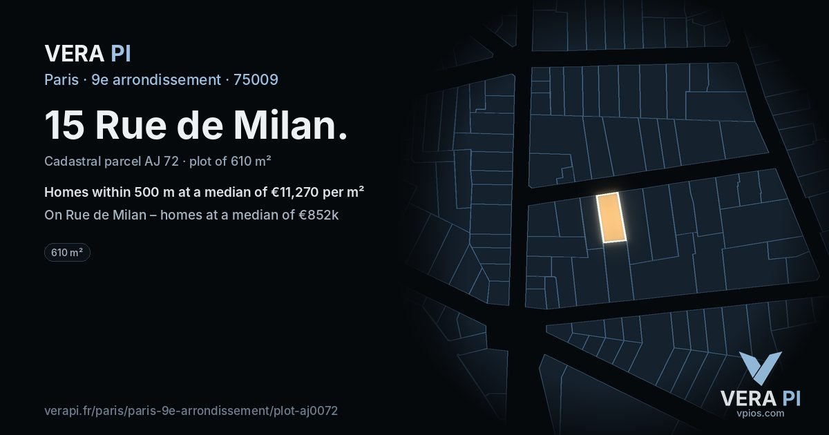 15 Rue de Milan, 9e arrondissement at night – the plot lit, the parcels around coloured by the prices near them