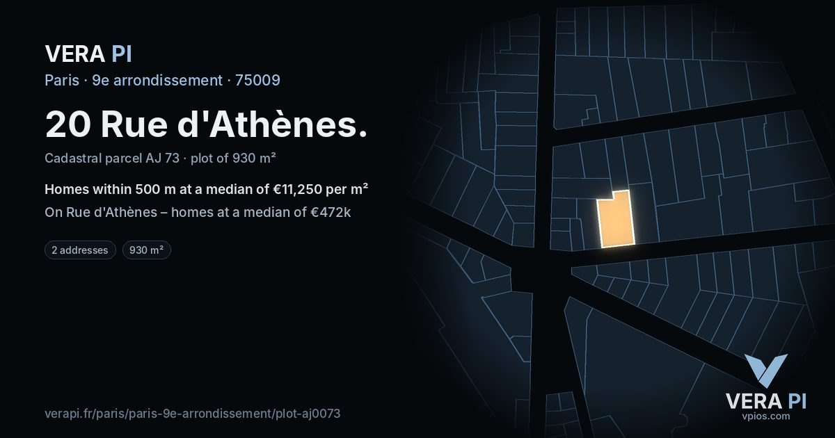 20 Rue d'Athènes, 9e arrondissement at night – the plot lit, the parcels around coloured by the prices near them
