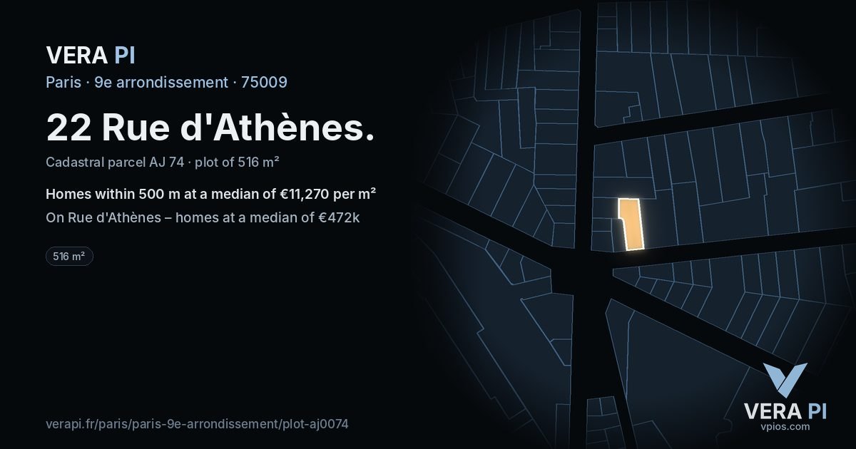 22 Rue d'Athènes, 9e arrondissement at night – the plot lit, the parcels around coloured by the prices near them