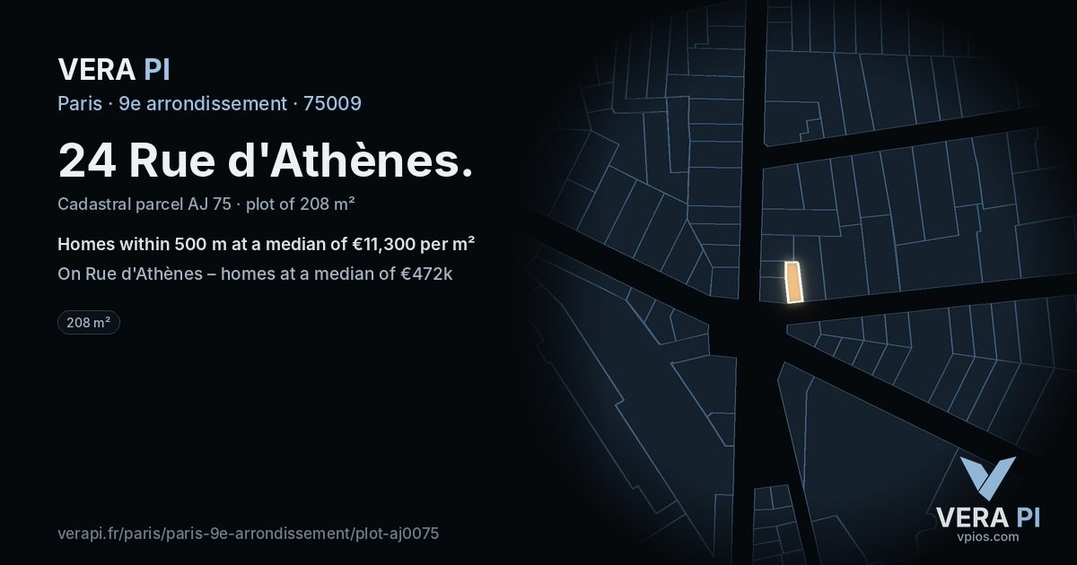 24 Rue d'Athènes, 9e arrondissement at night – the plot lit, the parcels around coloured by the prices near them