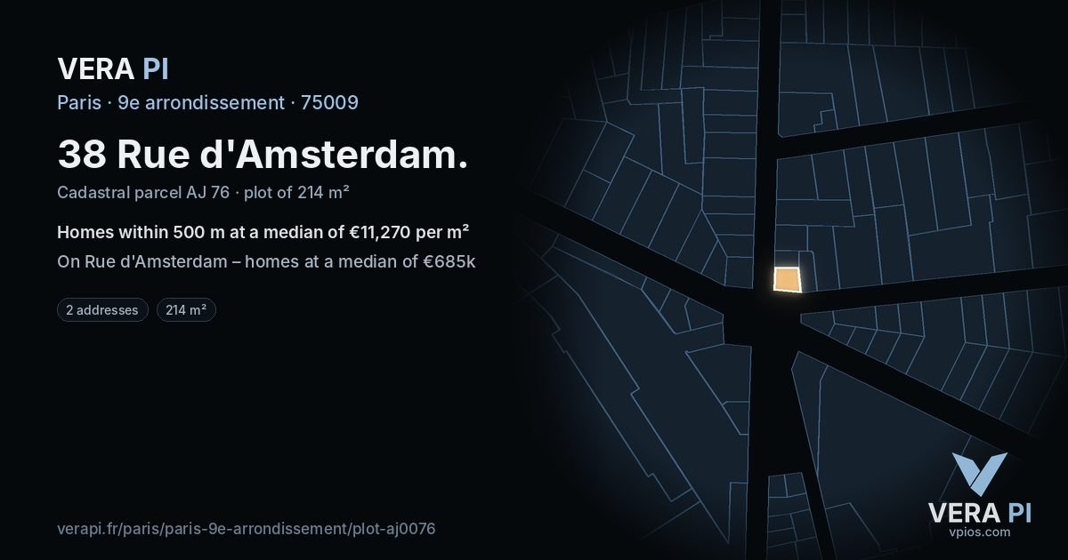 38 Rue d'Amsterdam, 9e arrondissement at night – the plot lit, the parcels around coloured by the prices near them