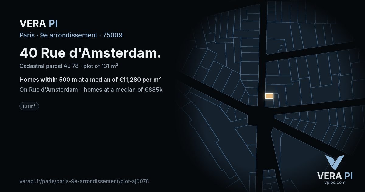 40 Rue d'Amsterdam, 9e arrondissement at night – the plot lit, the parcels around coloured by the prices near them