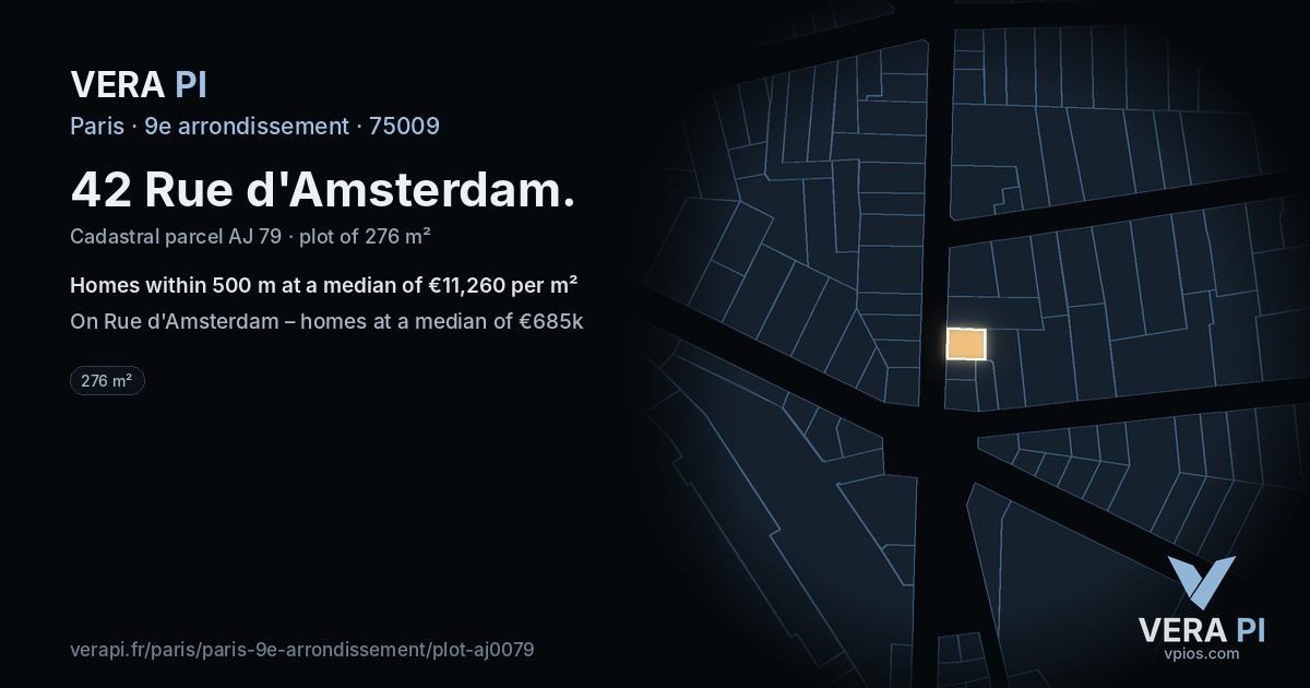 42 Rue d'Amsterdam, 9e arrondissement at night – the plot lit, the parcels around coloured by the prices near them