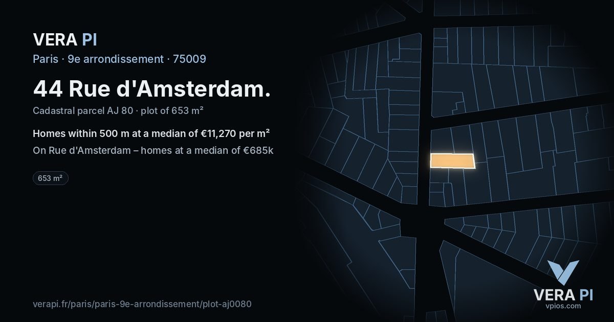 44 Rue d'Amsterdam, 9e arrondissement at night – the plot lit, the parcels around coloured by the prices near them