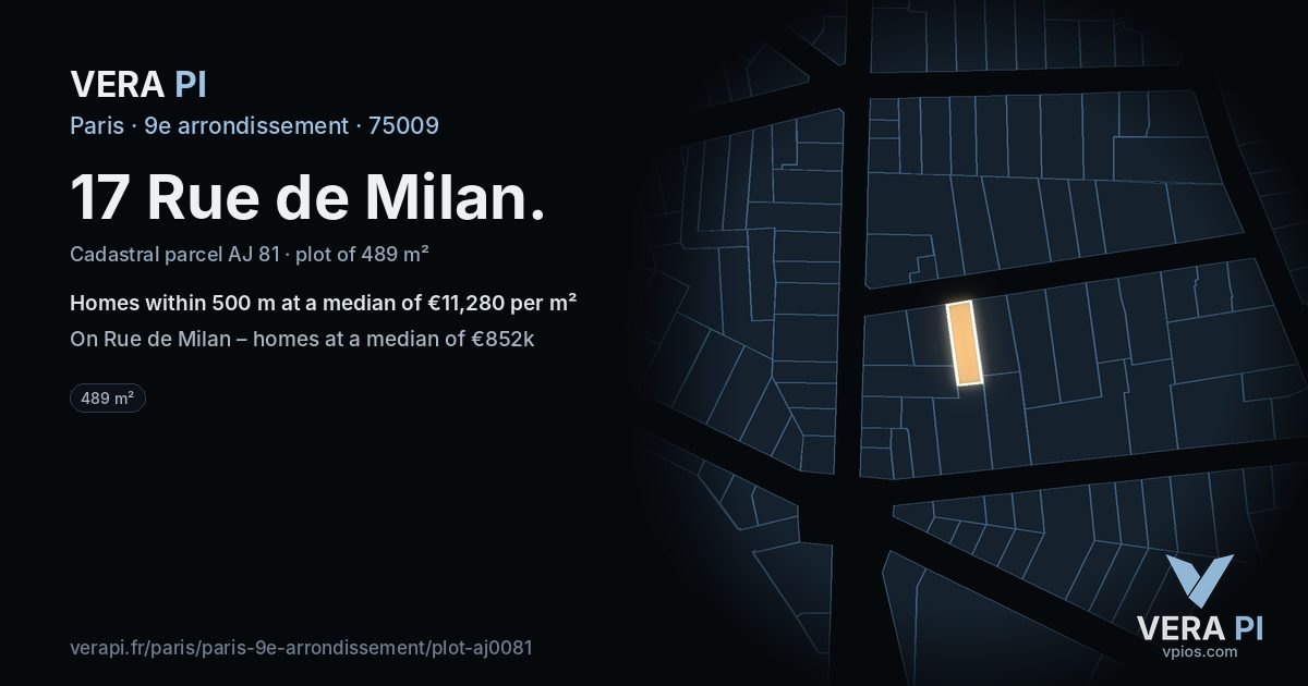 17 Rue de Milan, 9e arrondissement at night – the plot lit, the parcels around coloured by the prices near them