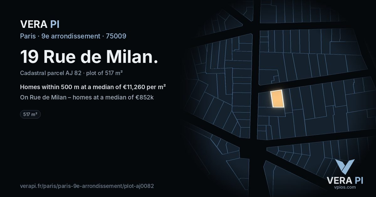 19 Rue de Milan, 9e arrondissement at night – the plot lit, the parcels around coloured by the prices near them