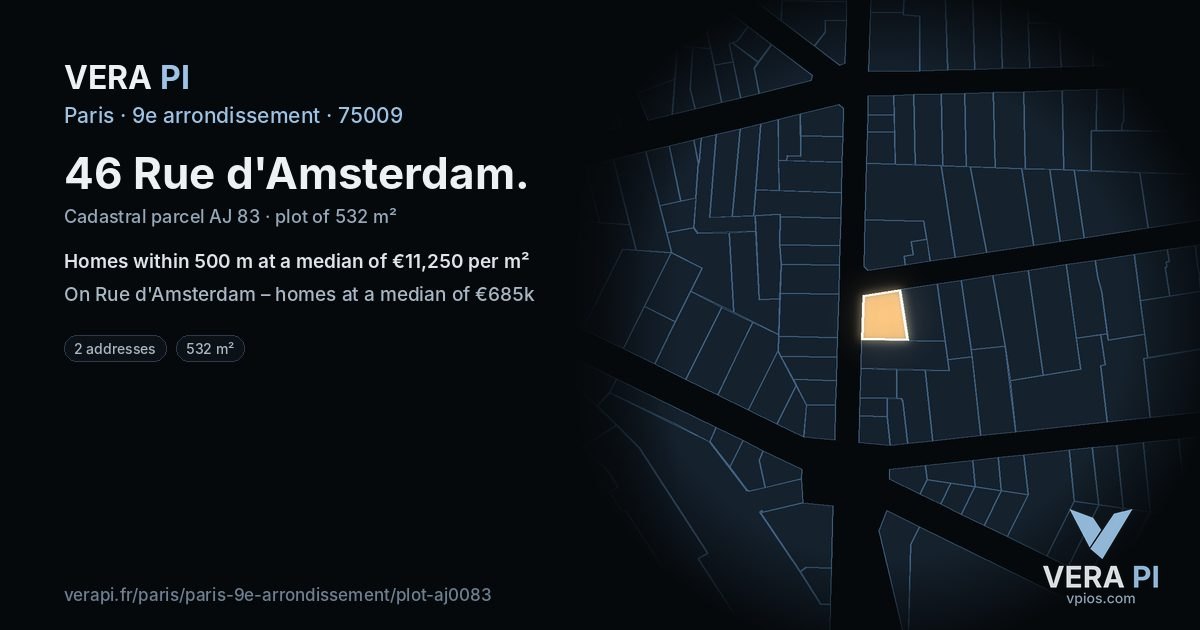 46 Rue d'Amsterdam, 9e arrondissement at night – the plot lit, the parcels around coloured by the prices near them