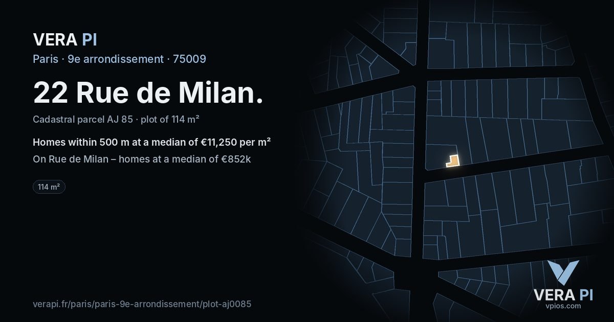 22 Rue de Milan, 9e arrondissement at night – the plot lit, the parcels around coloured by the prices near them