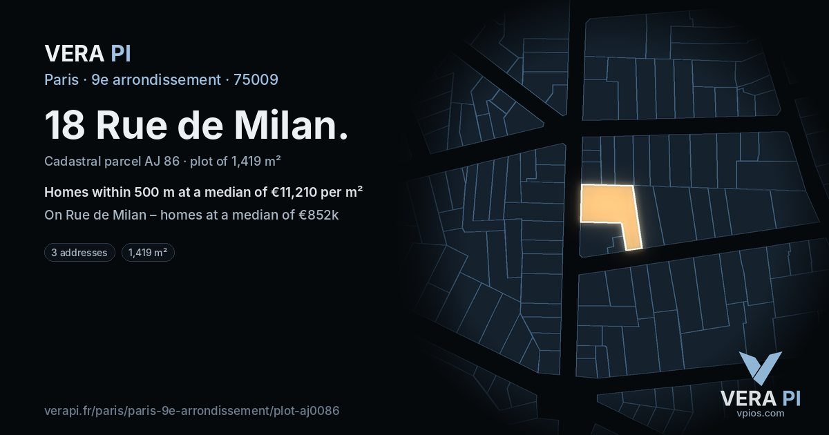 18 Rue de Milan, 9e arrondissement at night – the plot lit, the parcels around coloured by the prices near them