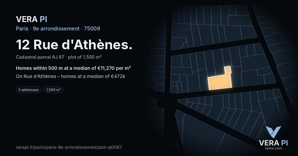 12 Rue d'Athènes, 9e arrondissement at night – the plot lit, the parcels around coloured by the prices near them