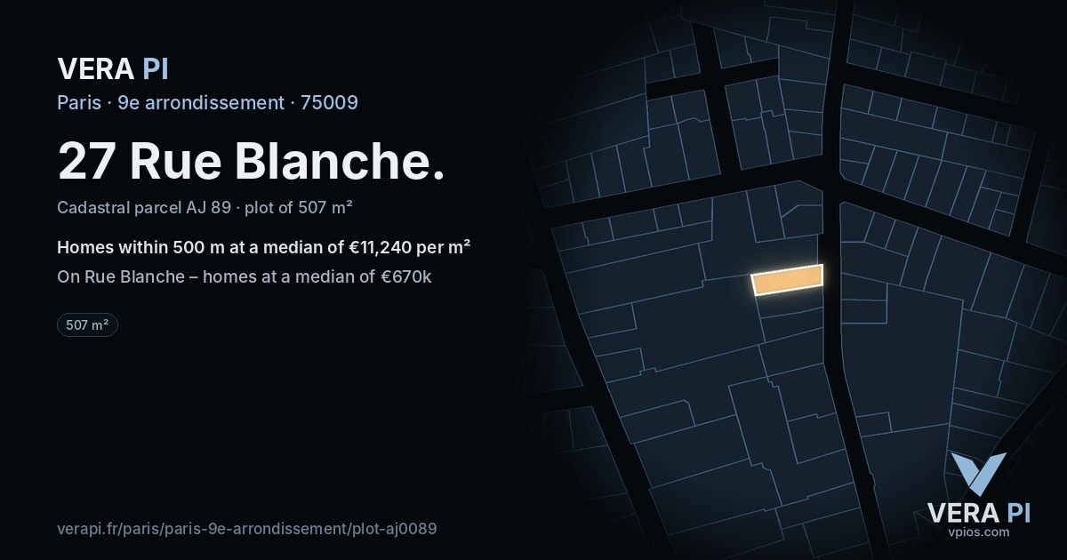 27 Rue Blanche, 9e arrondissement at night – the plot lit, the parcels around coloured by the prices near them