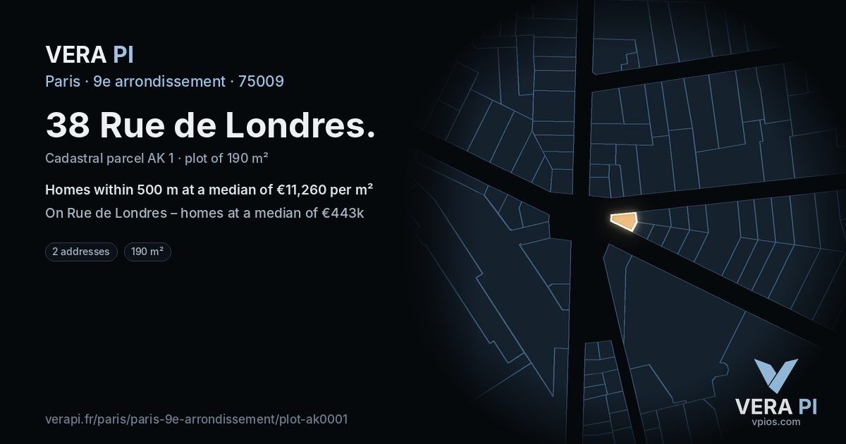 38 Rue de Londres, 9e arrondissement at night – the plot lit, the parcels around coloured by the prices near them