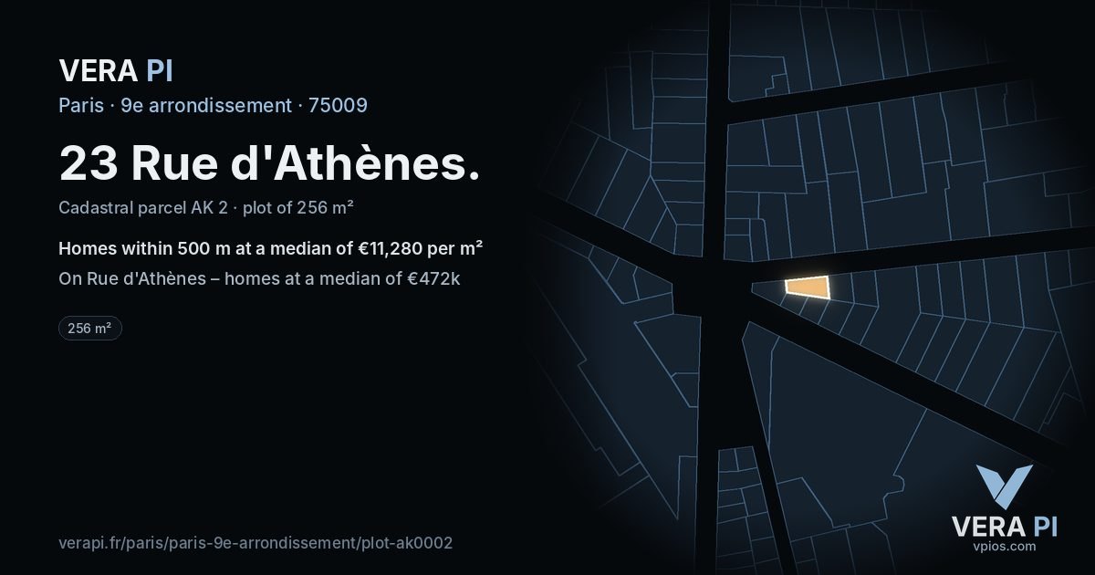 23 Rue d'Athènes, 9e arrondissement at night – the plot lit, the parcels around coloured by the prices near them