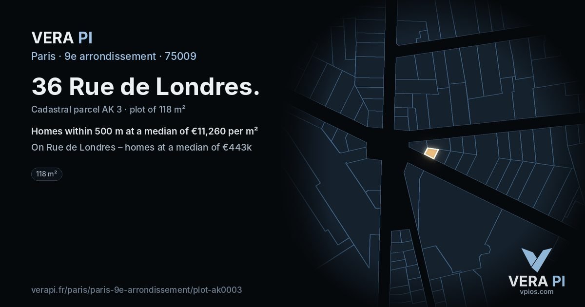36 Rue de Londres, 9e arrondissement at night – the plot lit, the parcels around coloured by the prices near them