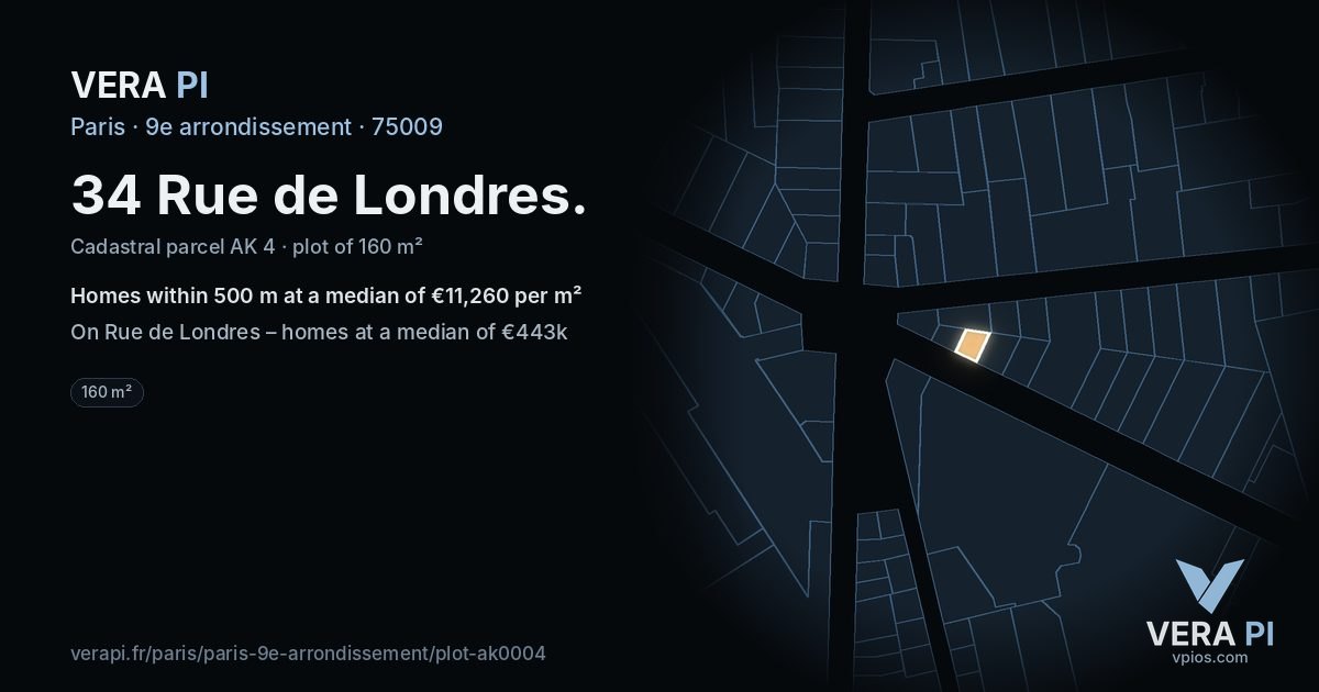 34 Rue de Londres, 9e arrondissement at night – the plot lit, the parcels around coloured by the prices near them