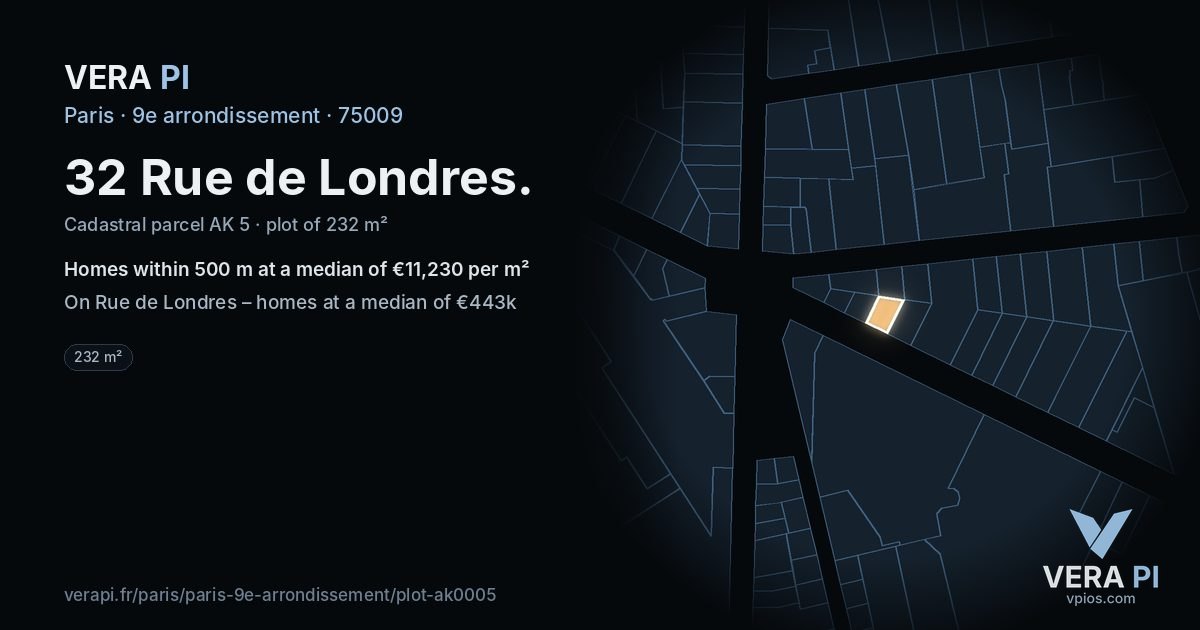 32 Rue de Londres, 9e arrondissement at night – the plot lit, the parcels around coloured by the prices near them