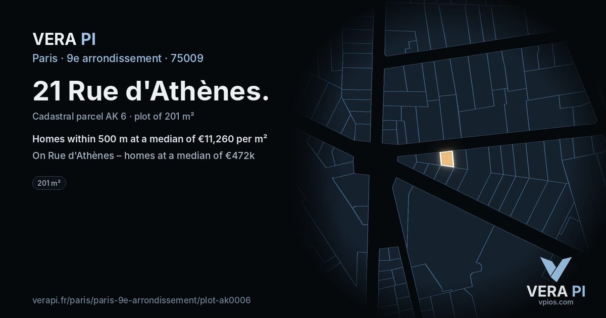 21 Rue d'Athènes, 9e arrondissement at night – the plot lit, the parcels around coloured by the prices near them