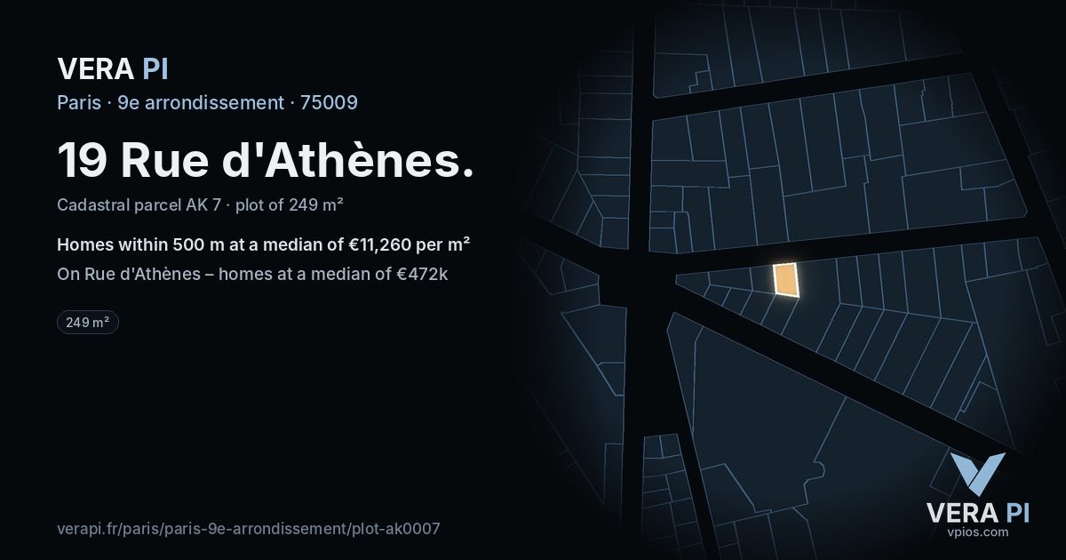 19 Rue d'Athènes, 9e arrondissement at night – the plot lit, the parcels around coloured by the prices near them