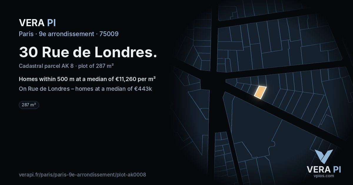 30 Rue de Londres, 9e arrondissement at night – the plot lit, the parcels around coloured by the prices near them