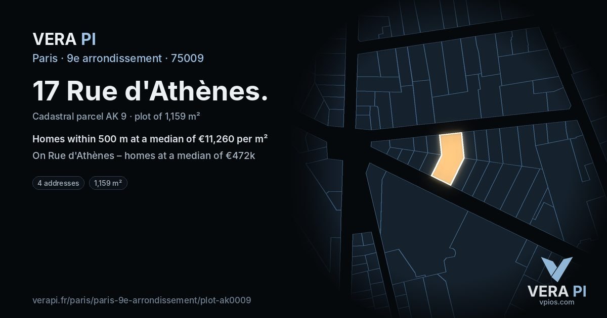 17 Rue d'Athènes, 9e arrondissement at night – the plot lit, the parcels around coloured by the prices near them