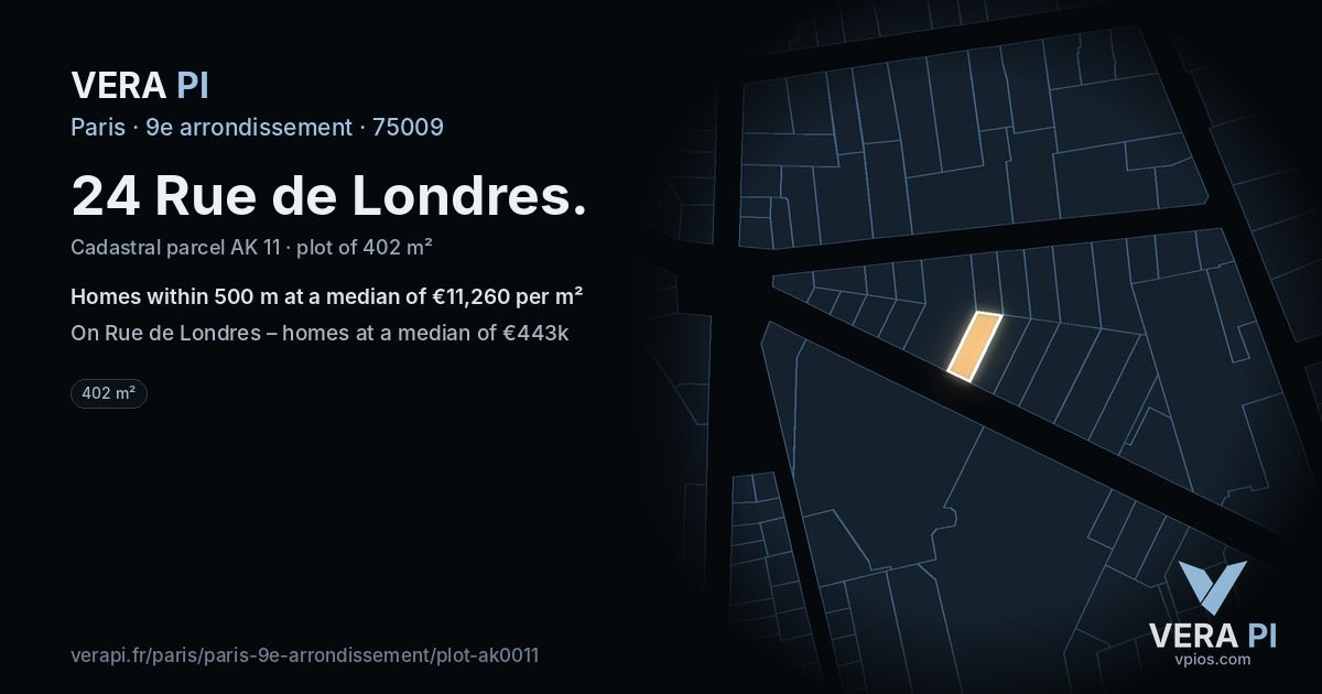 24 Rue de Londres, 9e arrondissement at night – the plot lit, the parcels around coloured by the prices near them