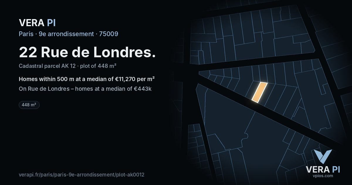 22 Rue de Londres, 9e arrondissement at night – the plot lit, the parcels around coloured by the prices near them