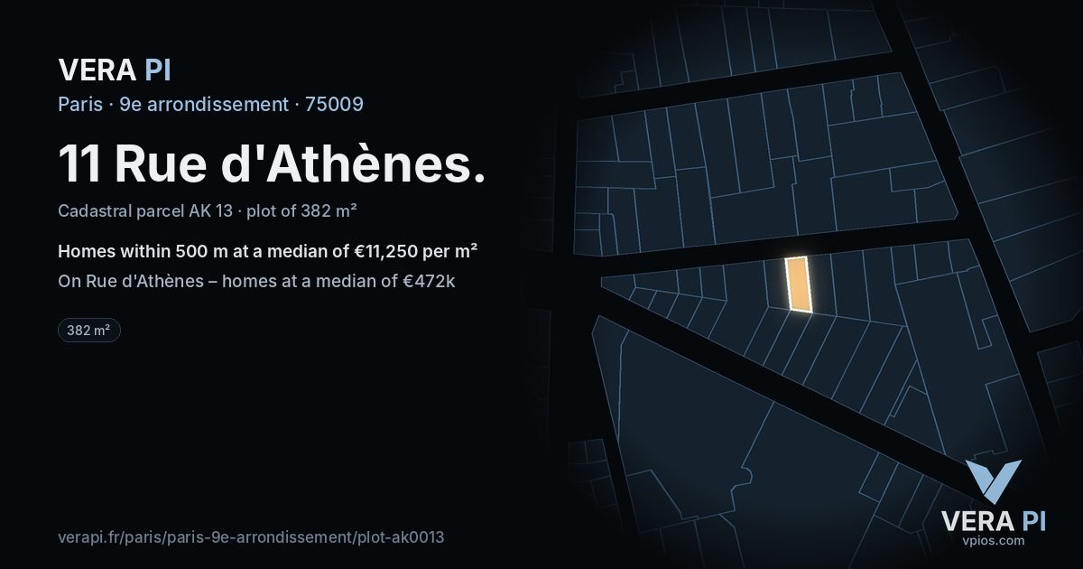 11 Rue d'Athènes, 9e arrondissement at night – the plot lit, the parcels around coloured by the prices near them