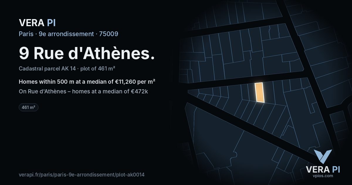 9 Rue d'Athènes, 9e arrondissement at night – the plot lit, the parcels around coloured by the prices near them
