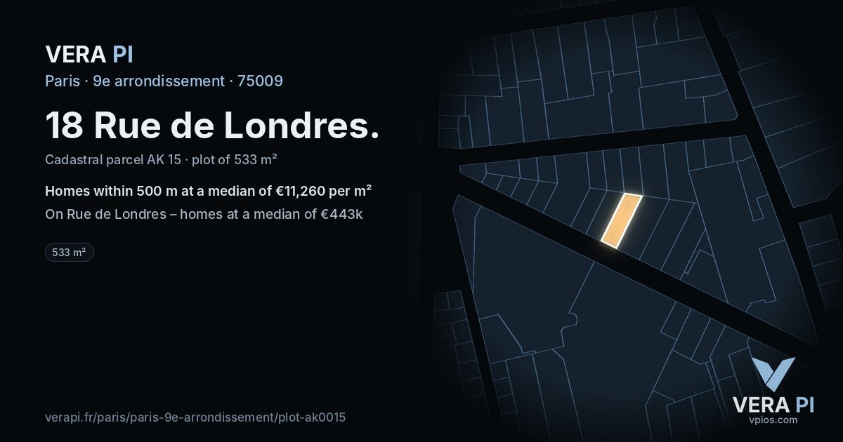 18 Rue de Londres, 9e arrondissement at night – the plot lit, the parcels around coloured by the prices near them