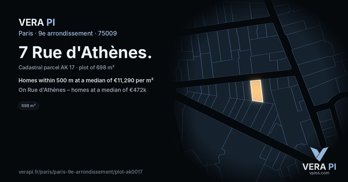 7 Rue d'Athènes, 9e arrondissement at night – the plot lit, the parcels around coloured by the prices near them