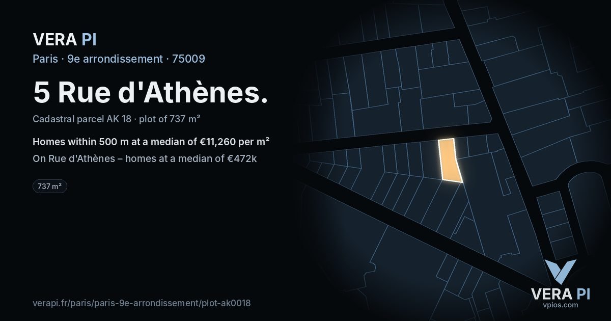 5 Rue d'Athènes, 9e arrondissement at night – the plot lit, the parcels around coloured by the prices near them