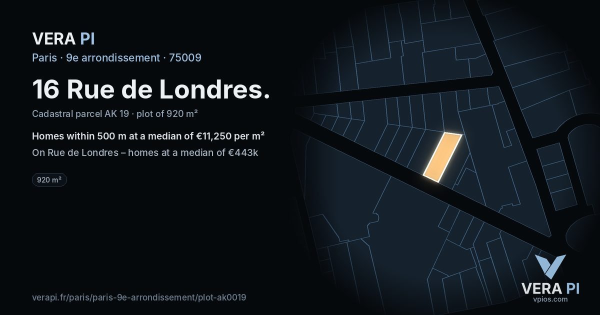 16 Rue de Londres, 9e arrondissement at night – the plot lit, the parcels around coloured by the prices near them
