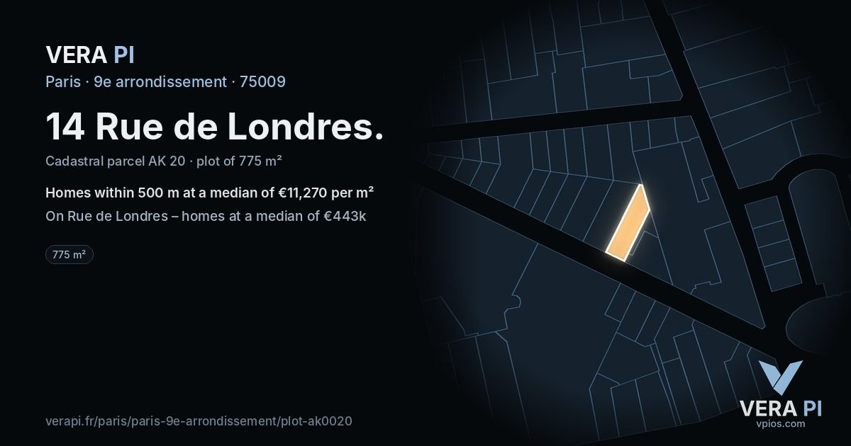 14 Rue de Londres, 9e arrondissement at night – the plot lit, the parcels around coloured by the prices near them
