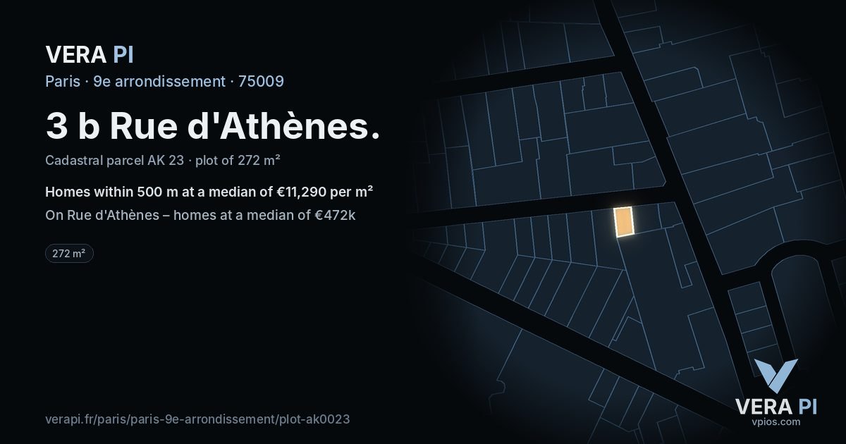 3 b Rue d'Athènes, 9e arrondissement at night – the plot lit, the parcels around coloured by the prices near them