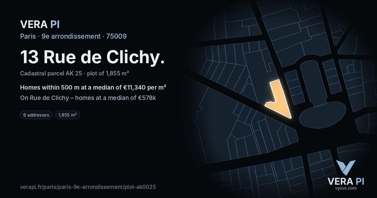 13 Rue de Clichy, 9e arrondissement at night – the plot lit, the parcels around coloured by the prices near them