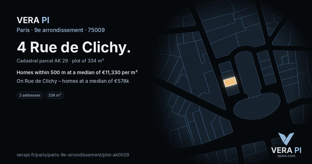 4 Rue de Clichy, 9e arrondissement at night – the plot lit, the parcels around coloured by the prices near them