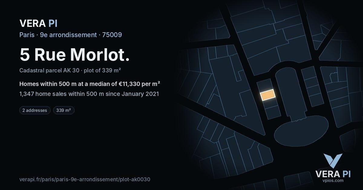 5 Rue Morlot, 9e arrondissement at night – the plot lit, the parcels around coloured by the prices near them