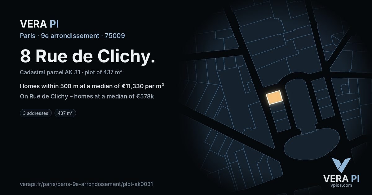 8 Rue de Clichy, 9e arrondissement at night – the plot lit, the parcels around coloured by the prices near them