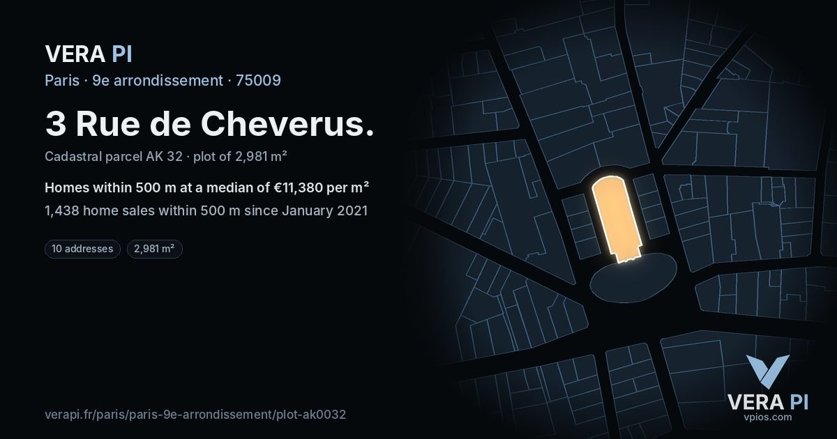 3 Rue de Cheverus, 9e arrondissement at night – the plot lit, the parcels around coloured by the prices near them